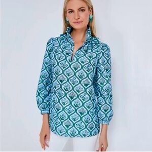 TUCKERNUCK Ruffle Neck Bouvier Blouse in Hyacinth Medallion